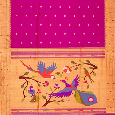 Hot Pink Handloom Paithani Silk Saree With Coin Buttas-Hot Pink