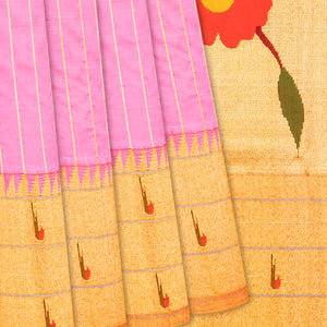 Bubble-gum Pink Handloom Paithani Silk Saree With Stripes-BubbleGum Pink