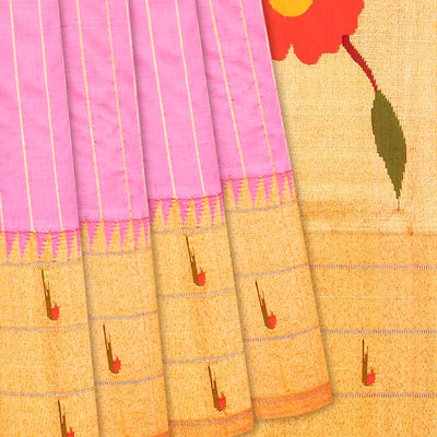 Bubble-gum Pink Handloom Paithani Silk Saree With Stripes-BubbleGum Pink