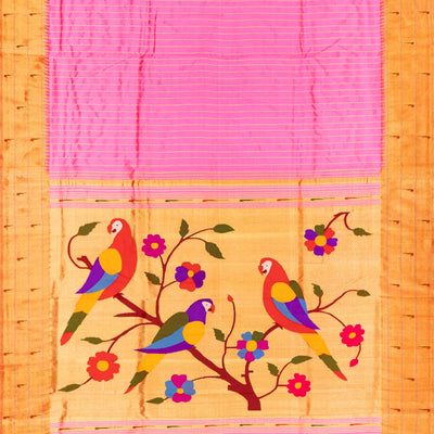 Bubble-gum Pink Handloom Paithani Silk Saree With Stripes-BubbleGum Pink