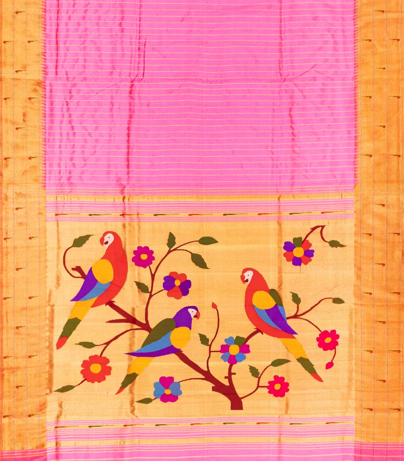 Bubble-gum Pink Handloom Paithani Silk Saree With Stripes-BubbleGum Pink