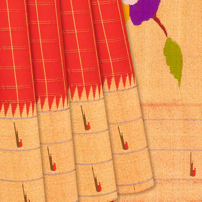 Red Handloom Paithani Silk Saree With Zari Checks-Red