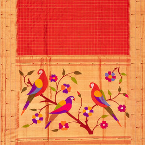 Red Handloom Paithani Silk Saree With Zari Checks-Red
