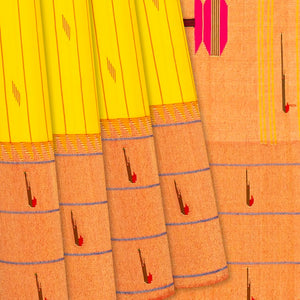 Yellow Handloom Paithani Silk Saree With Stripes & Buttas-Yellow