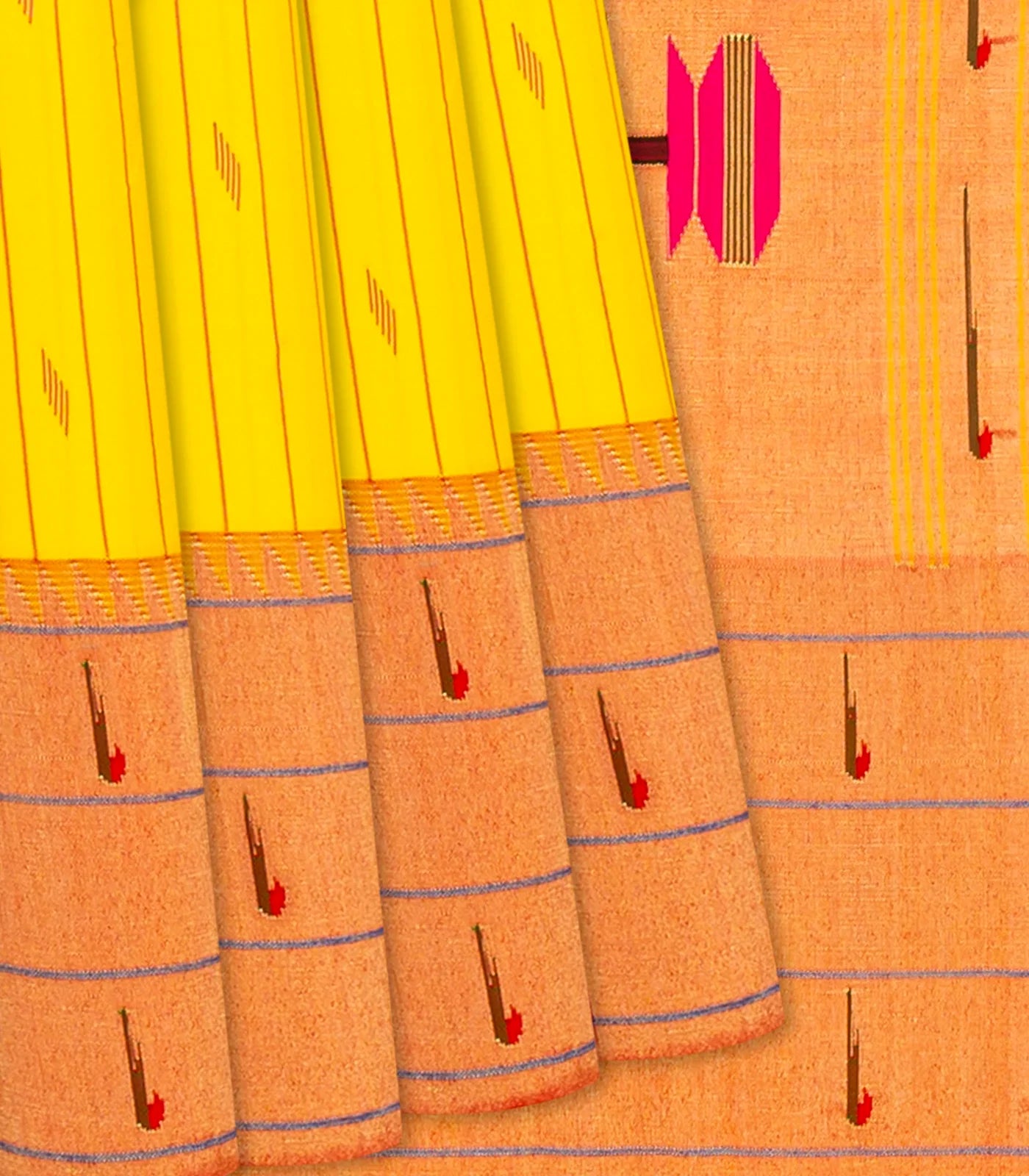 Yellow Handloom Paithani Silk Saree With Stripes & Buttas-Yellow