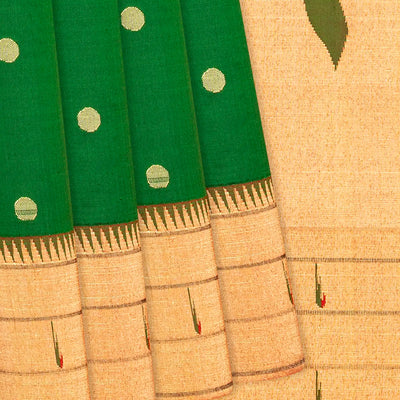 Green Handloom Paithani Silk Saree With Coin Buttas-Green