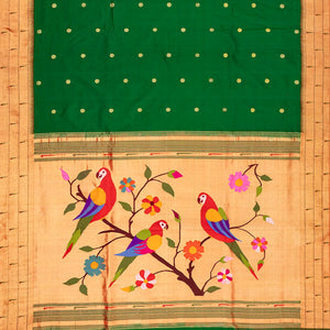 Green Handloom Paithani Silk Saree With Coin Buttas-Green