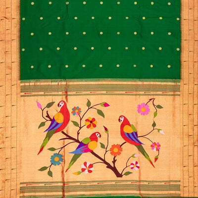 Green Handloom Paithani Silk Saree With Coin Buttas-Green