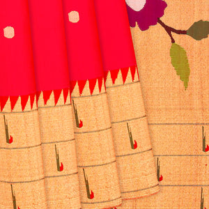 Hot Pink Handloom Paithani Silk Saree With Zari Coin Buttas-Red