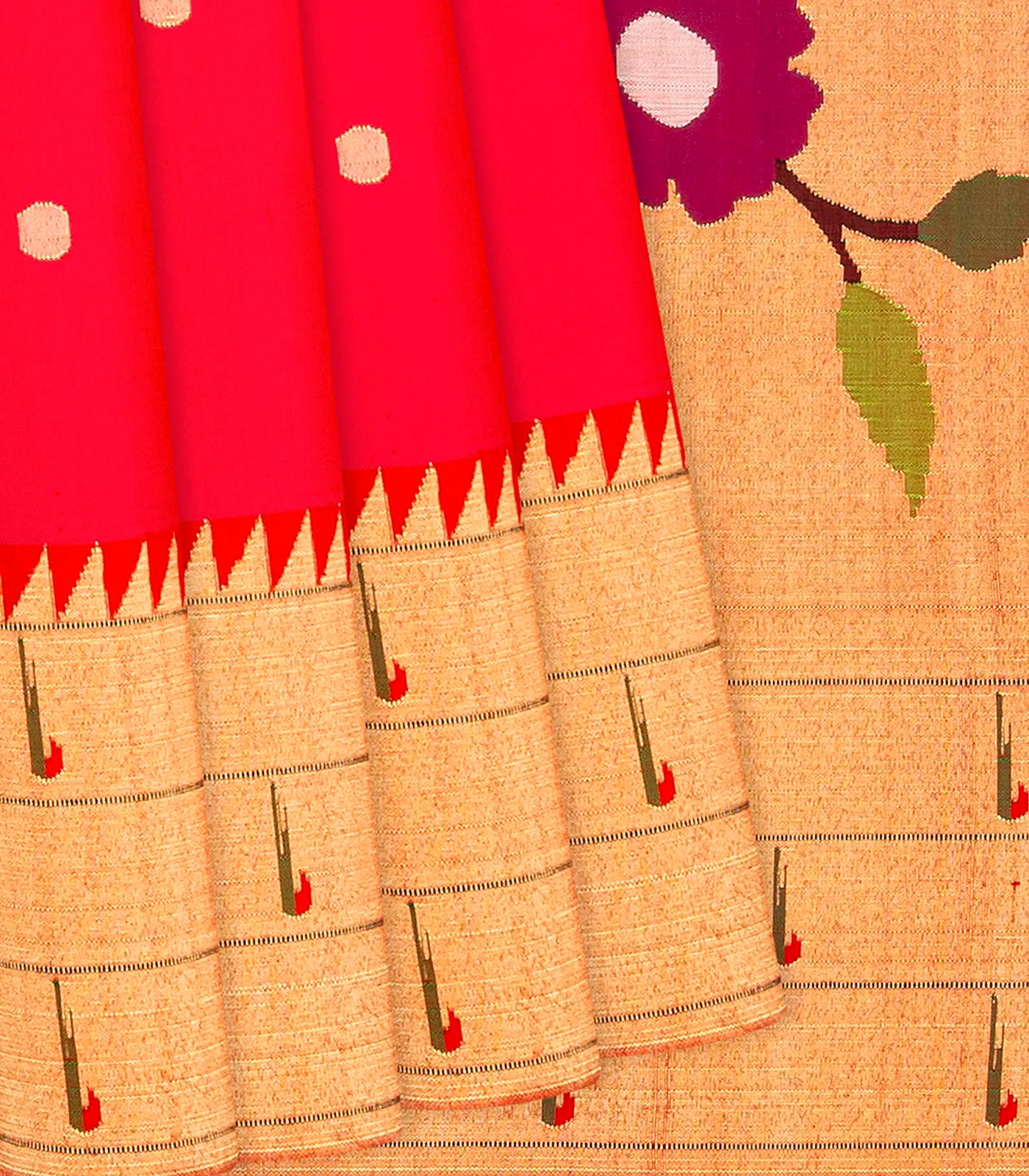 Hot Pink Handloom Paithani Silk Saree With Zari Coin Buttas-Red