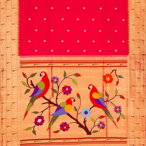 Hot Pink Handloom Paithani Silk Saree With Zari Coin Buttas-Red