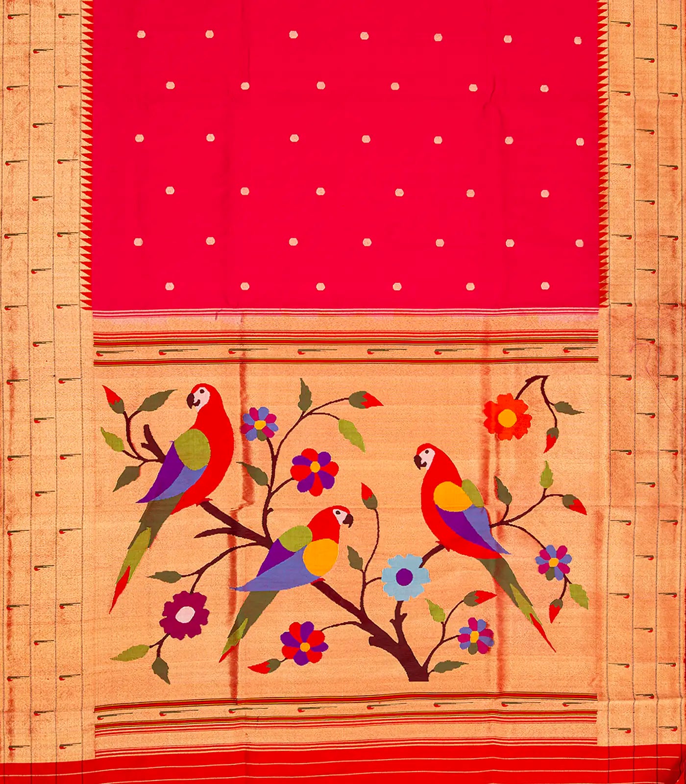 Hot Pink Handloom Paithani Silk Saree With Zari Coin Buttas-Red