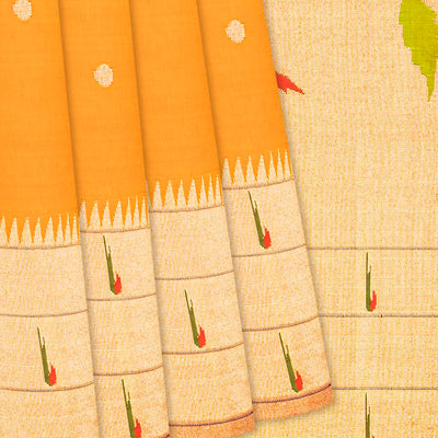 Orange Handloom Paithani Silk Saree With Coin Buttas-Orange