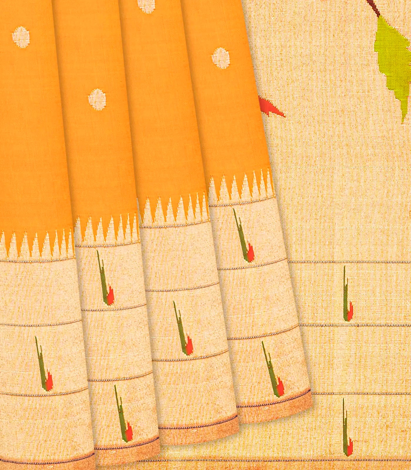 Orange Handloom Paithani Silk Saree With Coin Buttas-Orange