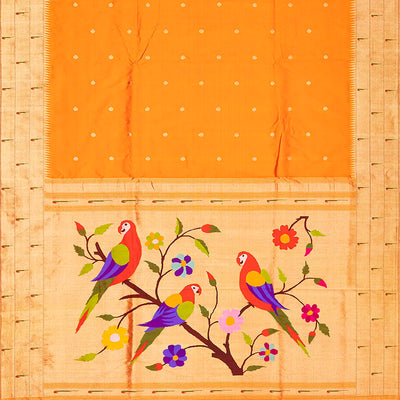 Orange Handloom Paithani Silk Saree With Coin Buttas-Orange