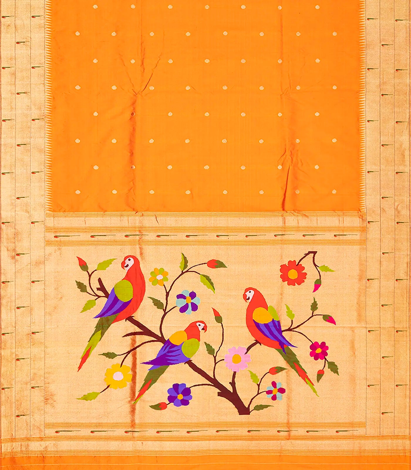 Orange Handloom Paithani Silk Saree With Coin Buttas-Orange