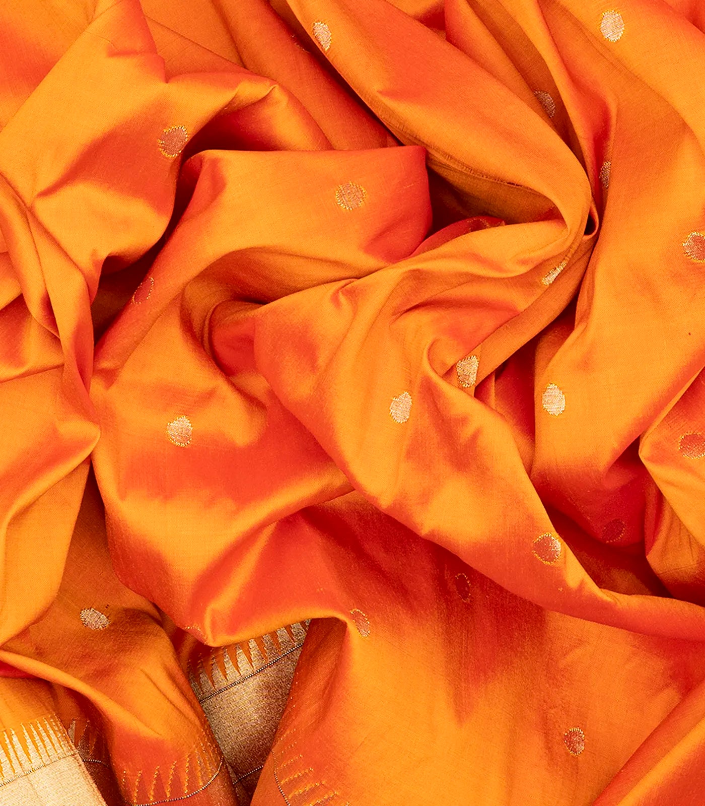 Orange Handloom Paithani Silk Saree With Coin Buttas-Orange