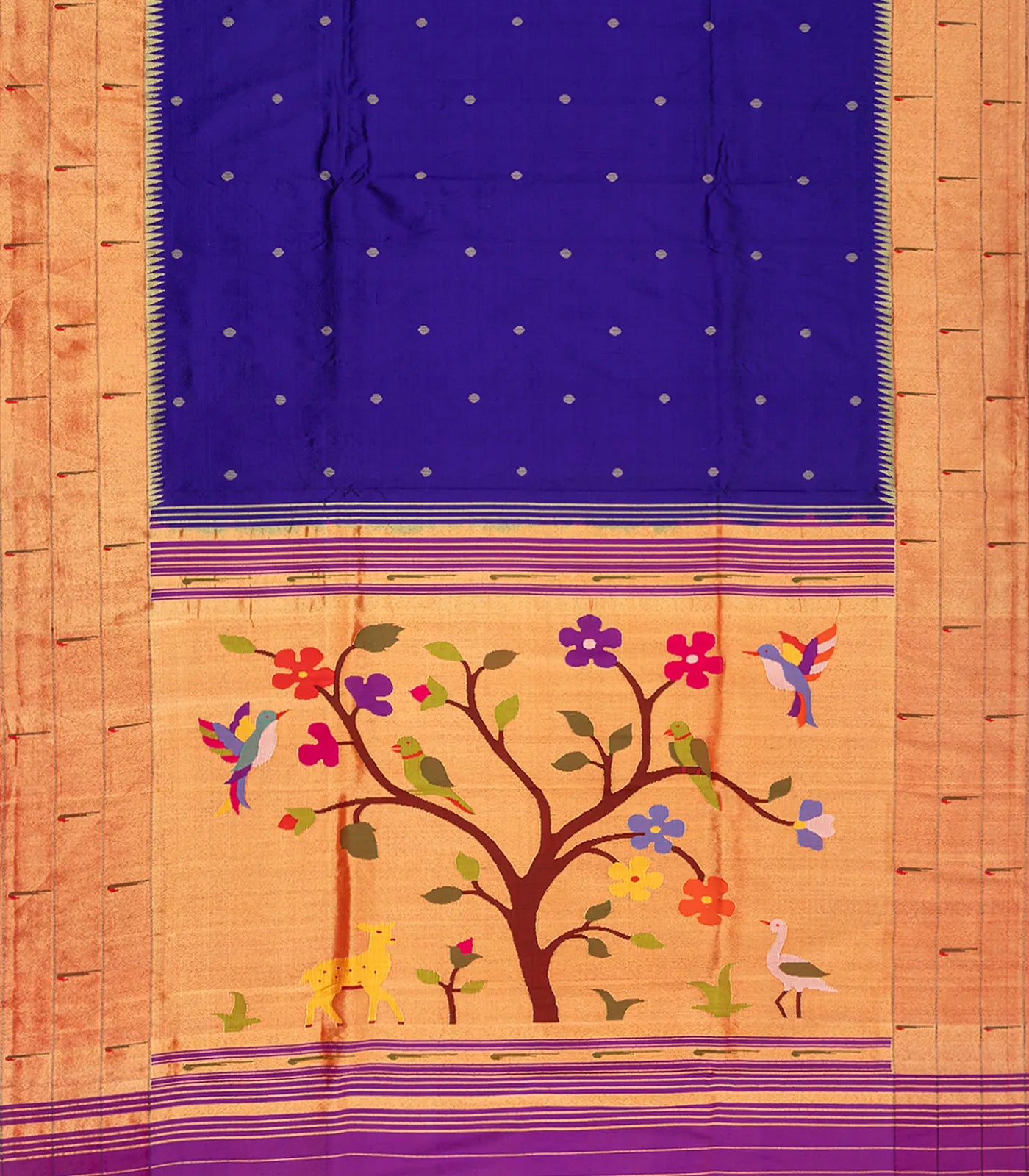 Purple Handloom Paithani Silk Saree With Coin Buttas-Purple