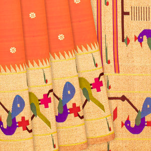 Orange Handloom Paithani Silk Saree With Meena Border & Pallu-Orange