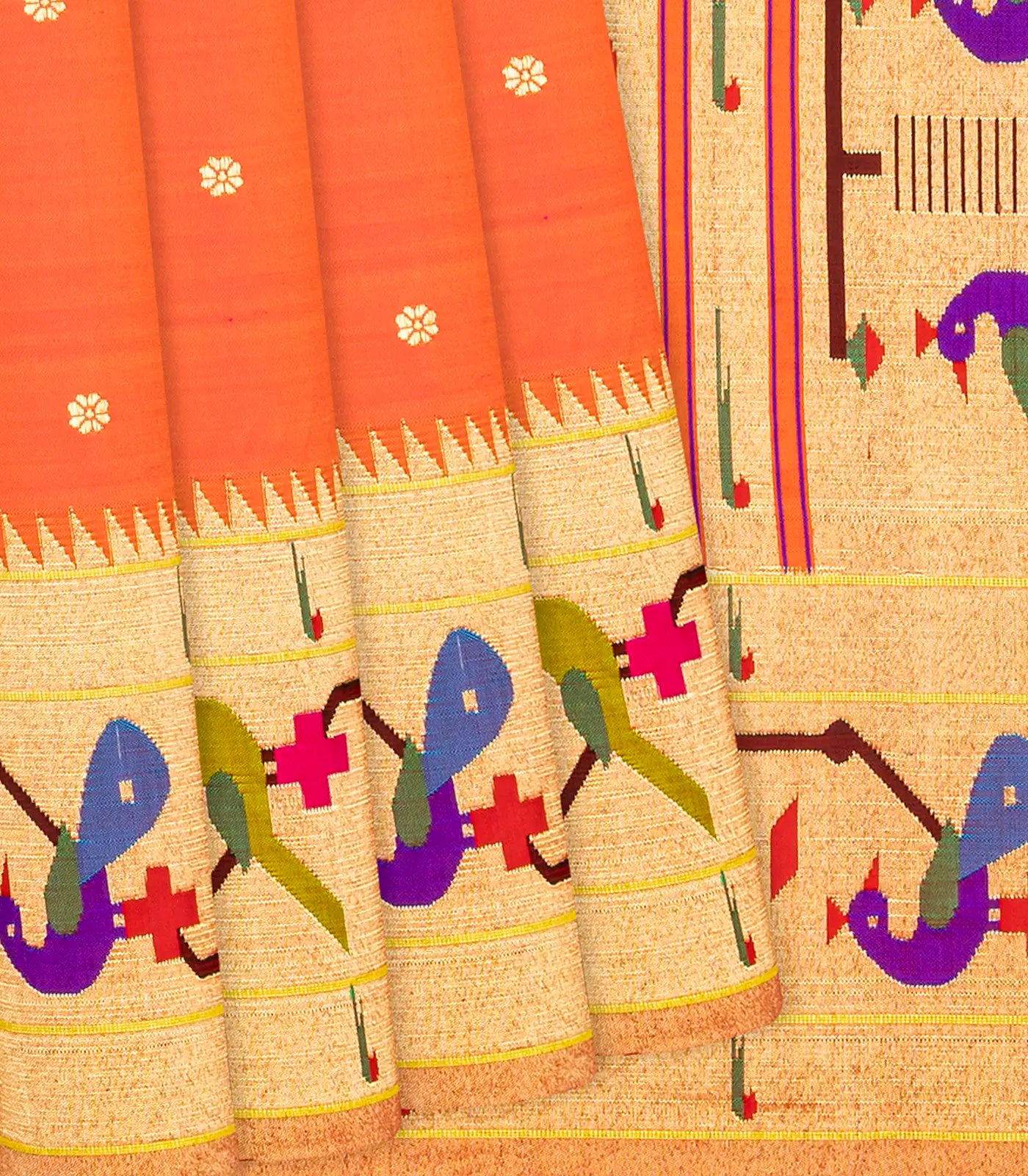 Orange Handloom Paithani Silk Saree With Meena Border & Pallu-Orange