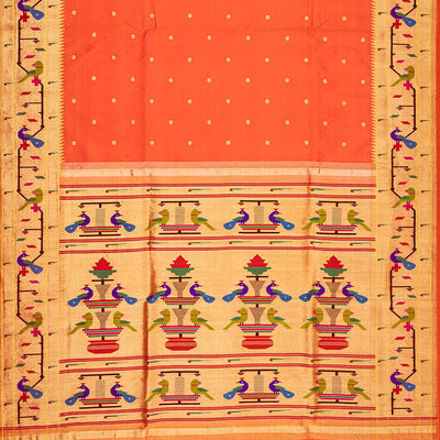 Orange Handloom Paithani Silk Saree With Meena Border & Pallu-Orange