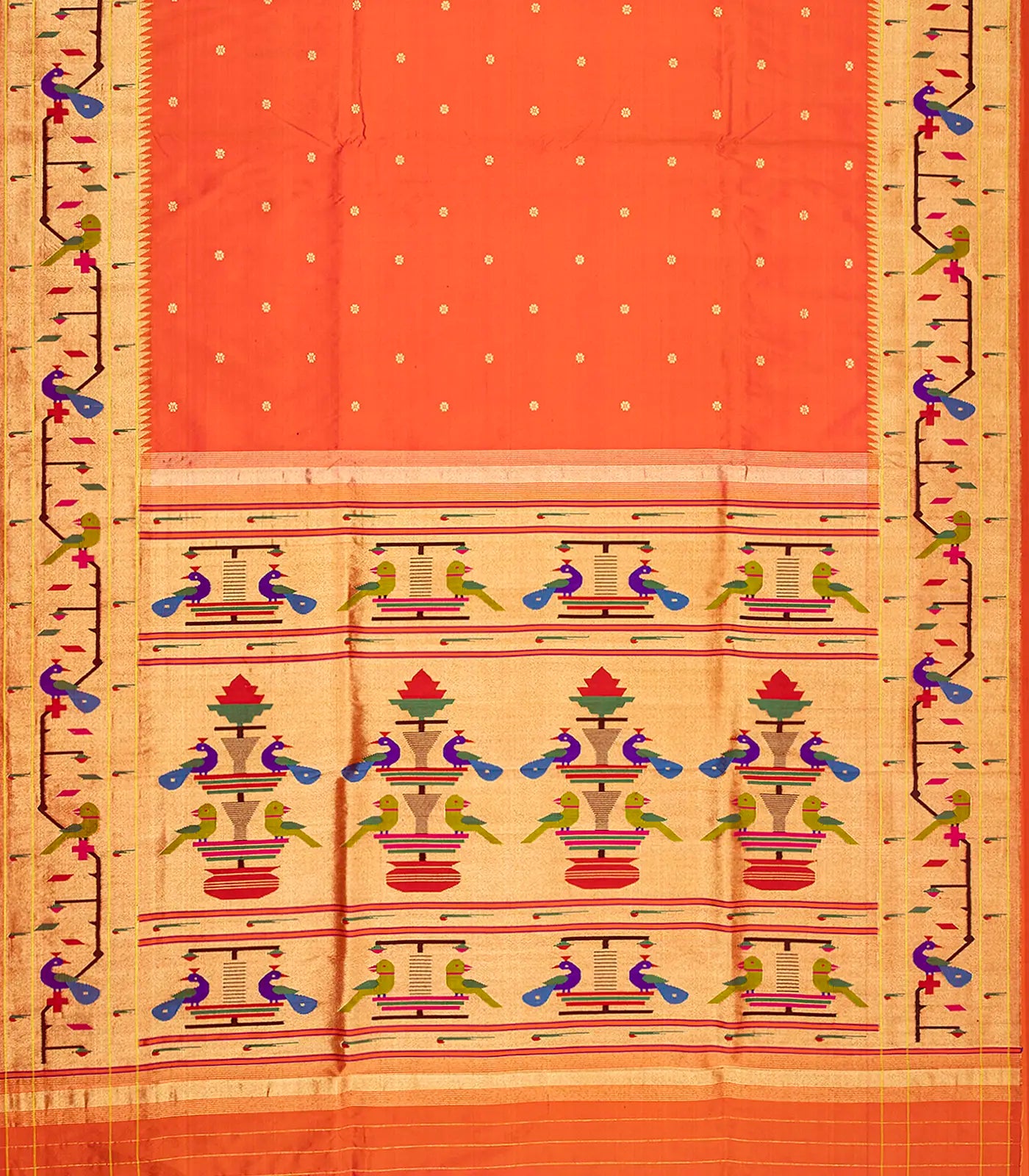 Orange Handloom Paithani Silk Saree With Meena Border & Pallu-Orange