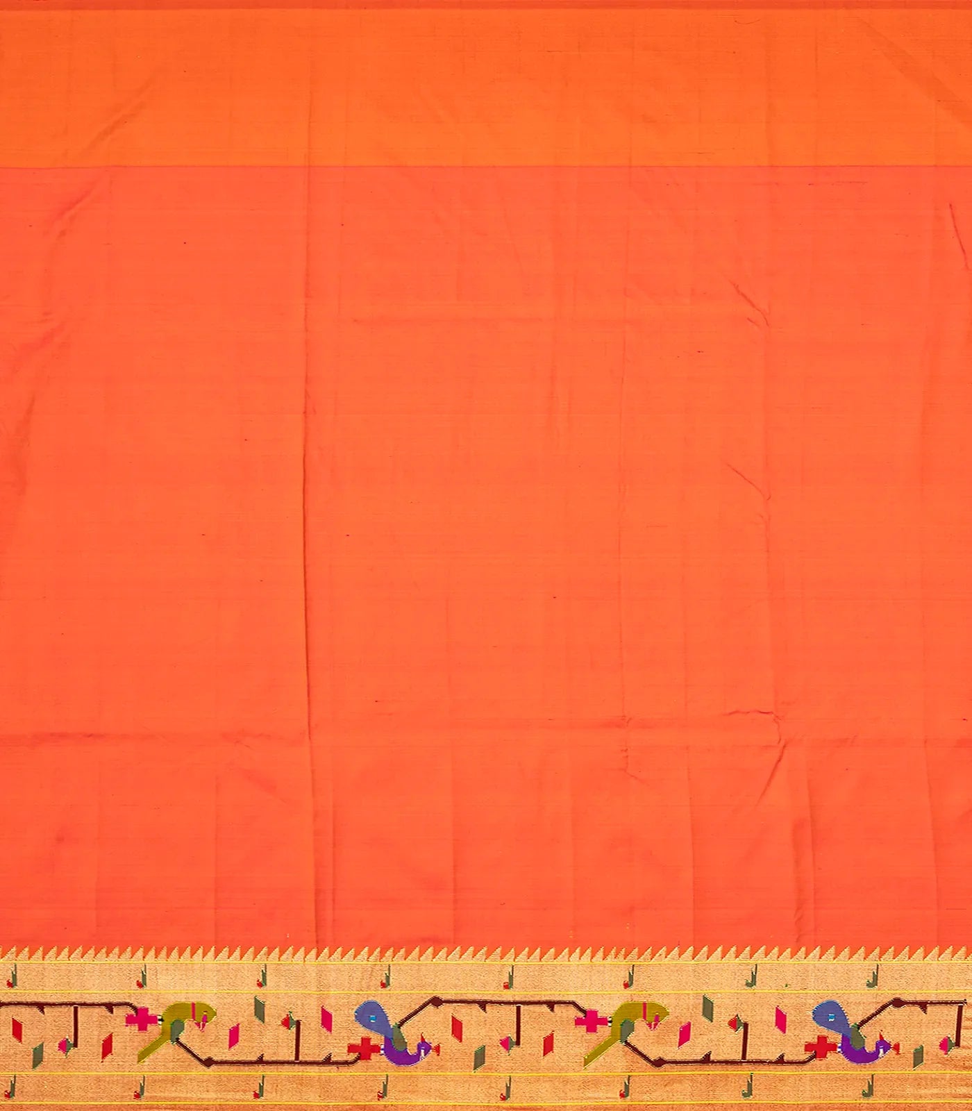 Orange Handloom Paithani Silk Saree With Meena Border & Pallu-Orange