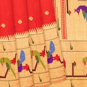Red Handloom Paithani Silk Saree With Meena Border & Pallu-Red
