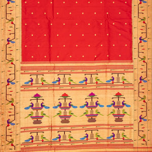 Red Handloom Paithani Silk Saree With Meena Border & Pallu-Red