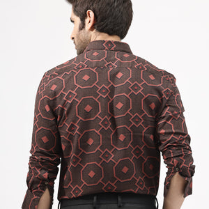 Rare Rabbit Mens Palmer Brown Full Sleeve Regular Collar Geometric Print Shirt