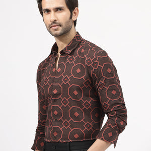 Rare Rabbit Mens Palmer Brown Full Sleeve Regular Collar Geometric Print Shirt