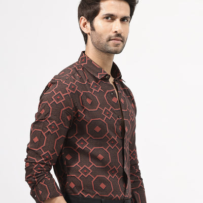 Rare Rabbit Mens Palmer Brown Full Sleeve Regular Collar Geometric Print Shirt