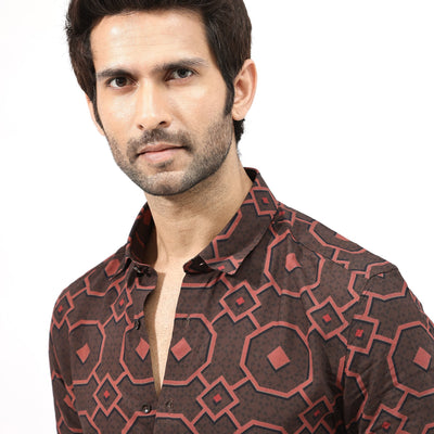 Rare Rabbit Mens Palmer Brown Full Sleeve Regular Collar Geometric Print Shirt