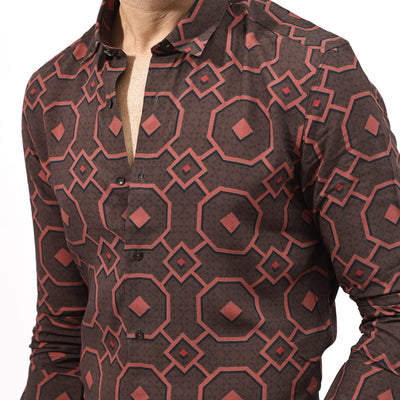 Rare Rabbit Mens Palmer Brown Full Sleeve Regular Collar Geometric Print Shirt