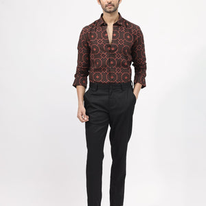 Rare Rabbit Mens Palmer Brown Full Sleeve Regular Collar Geometric Print Shirt