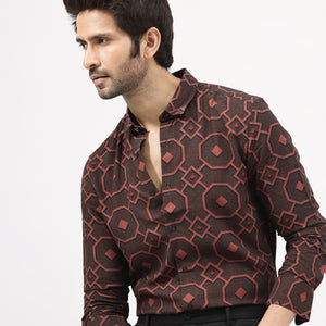 Rare Rabbit Mens Palmer Brown Full Sleeve Regular Collar Geometric Print Shirt