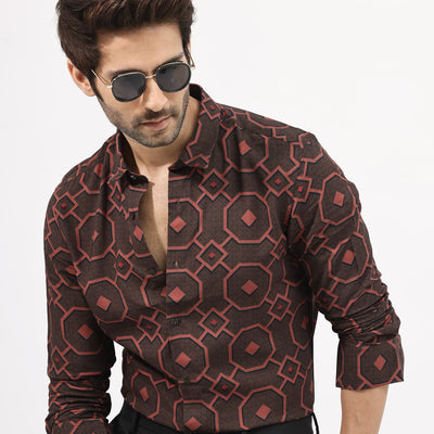 Rare Rabbit Mens Palmer Brown Full Sleeve Regular Collar Geometric Print Shirt