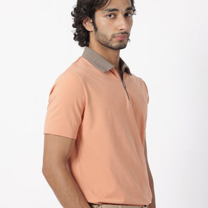 Rare Rabbit Men's Panet Orange Cotton Lycra Fabric Collared Neck Zipper Closure Half Sleeves Polo T-Shirt