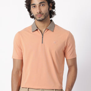 Rare Rabbit Men's Panet Orange Cotton Lycra Fabric Collared Neck Zipper Closure Half Sleeves Polo T-Shirt