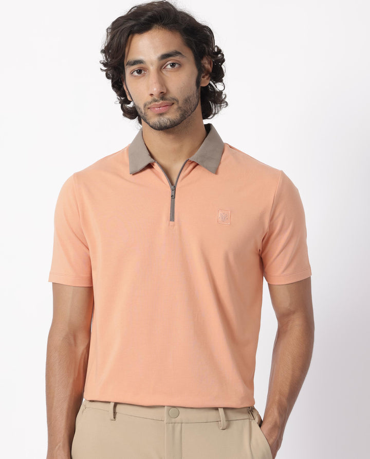 Rare Rabbit Men's Panet Orange Cotton Lycra Fabric Collared Neck Zipper Closure Half Sleeves Polo T-Shirt