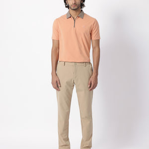 Rare Rabbit Men's Panet Orange Cotton Lycra Fabric Collared Neck Zipper Closure Half Sleeves Polo T-Shirt