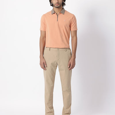 Rare Rabbit Men's Panet Orange Cotton Lycra Fabric Collared Neck Zipper Closure Half Sleeves Polo T-Shirt