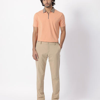 Rare Rabbit Men's Panet Orange Cotton Lycra Fabric Collared Neck Zipper Closure Half Sleeves Polo T-Shirt