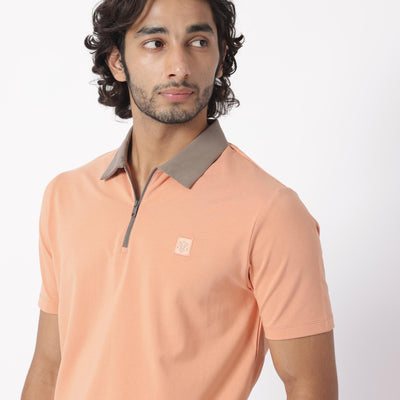 Rare Rabbit Men's Panet Orange Cotton Lycra Fabric Collared Neck Zipper Closure Half Sleeves Polo T-Shirt