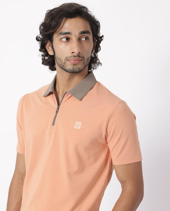 Rare Rabbit Men's Panet Orange Cotton Lycra Fabric Collared Neck Zipper Closure Half Sleeves Polo T-Shirt