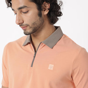 Rare Rabbit Men's Panet Orange Cotton Lycra Fabric Collared Neck Zipper Closure Half Sleeves Polo T-Shirt