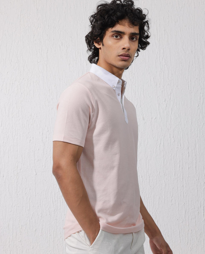 Rare Rabbit Mens Parma-2 Pastel Pink Short Sleeve Solid Polo T-Shirt