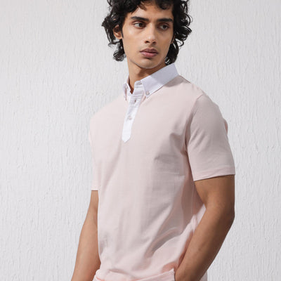 Rare Rabbit Mens Parma-2 Pastel Pink Short Sleeve Solid Polo T-Shirt