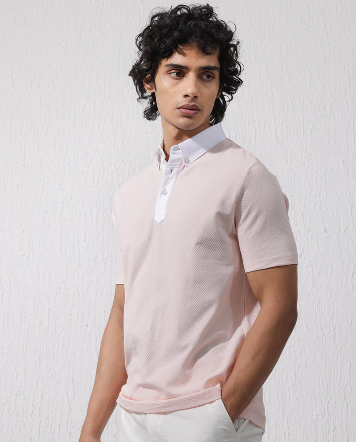 Rare Rabbit Mens Parma-2 Pastel Pink Short Sleeve Solid Polo T-Shirt