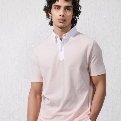Rare Rabbit Mens Parma-2 Pastel Pink Short Sleeve Solid Polo T-Shirt